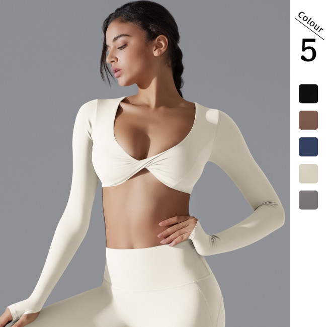 New sports long-sleeve fitness top for women, deep V-neck, slim fit, breathable, ins-style, cropped outdoor yoga top