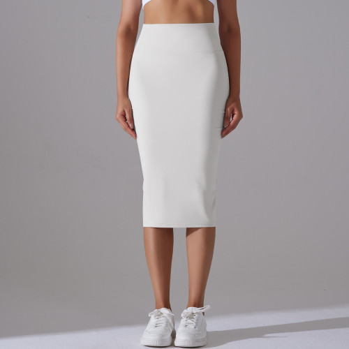 Nude-feel high-waisted tight-fitting bodycon skirt, sports midi skirt, high-elasticity, brushed fabric, mid-length, slit, casual yoga skirt for women