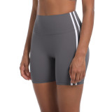 New cross-border striped fitness tight high-waisted peach-colored three-quarter shorts with contrasting colors, breathable sports running yoga shorts for women
