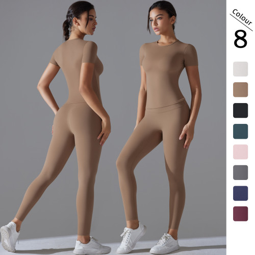 New solid color double-sided brushed tight-fitting high-elastic breathable yoga outfit set for women, suitable for running, fitness, and sports