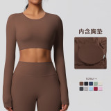 In-stock cross-border double-sided brushed fabric tight-fitting long-sleeve yoga top with chest pads for women, suitable for Pilates and running
