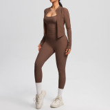New European and American cross-border cloud-feel brushed sports vest with pockets, long pants, casual butt-lifting fitness yoga outfit three-piece set