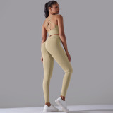 Cross-border European and American seamless knitted solid color high-elastic tight-fitting yoga outfit set, two-piece running and fitness wear for women