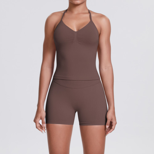 Cross-border seamless knitted solid color backless tank top and shorts yoga outfit set, tight-fitting running and fitness two-piece set
