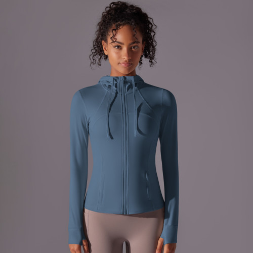 New double-sided nylon solid color zippered pocket hooded sports jacket for running, fitness, and yoga, long-sleeved jacket for women