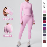 Cross-border seamless solid color tight-fitting high-elastic breathable zippered nine-point sports suit for running, fitness, and yoga two-piece set