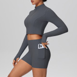 In-stock cross-border solid color brushed fabric nude-feel short jacket set with tight-fitting pocket shorts, two-piece fitness yoga outfit