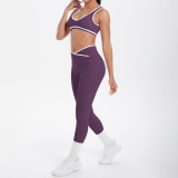 New cross-border brushed fabric color-block tight-fitting breathable cross-over wide-leg yoga outfit set for sports, running, and fitness two-piece set