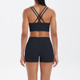 European and American cross-border seamless brushed fabric cross-back sports bra and casual butt-lifting shorts two-piece fitness yoga set