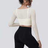 New cross-border solid color mesh double-layer breathable faux two-piece long-sleeve casual sports running fitness yoga top