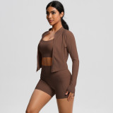 European and American style solid color backless bra, tight yoga wear, pocket shorts, cloud-feel running fitness wear, three-piece sports set