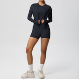 New cross-border breathable tight-fitting brushed long-sleeve jacket fitness yoga outfit solid color three-piece gym sportswear for women