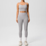 New cross-border double-sided brushed solid color backless tight-fitting breathable yoga outfit set for sports, running, and fitness two-piece set
