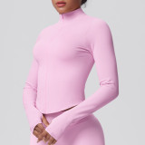 Cross-border seamless solid color tight-fitting high-elastic breathable stand-up collar zip-up jacket for women's sports, running, fitness, and yoga