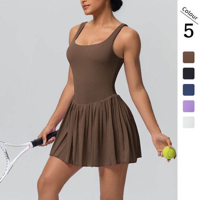 Cross-border European and American style seamless two-piece sports dress with anti-exposure pockets, suitable for outdoor running, fitness, and tennis