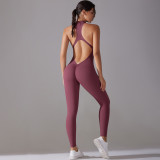 Cross-border solid color high-intensity tight-fitting nude-feel sports long one-piece yoga suit for women, suitable for running and fitness