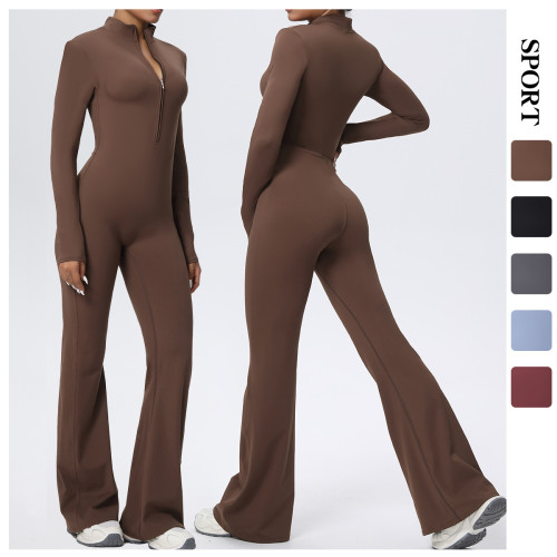 Cross-border European and American zippered cloud-feel tight-fitting long-sleeve yoga jumpsuit for high-intensity fitness and sports