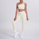 Cross-border European and American double-sided nylon brushed one-shoulder yoga outfit set, sports running fitness long pants two-piece set for women