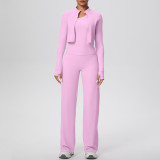 Cross-border solid color brushed tight-fitting one-shoulder tank top, wide-leg long pants, three-piece sports running fitness yoga outfit set