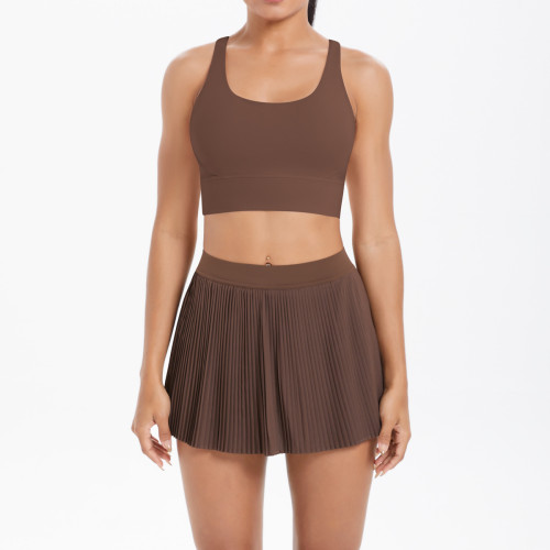 Cross-border European and American solid color tight-fitting brushed fabric cross-back short skirt two-piece set for running, fitness, training, and yoga