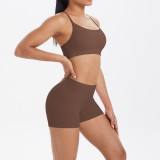New cross-border model: cloud-feel brushed fabric camisole sports bra with beautiful back design, casual running fitness butt-lifting shorts, yoga wear for women