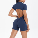 New cross-border European and American solid color zippered backless tight-fitting one-piece yoga suit, breathable sports running fitness jumpsuit