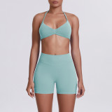 Cross-border seamless solid color halter neck bra and shorts yoga outfit set, tight-fitting running and fitness two-piece set