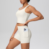 New cross-border brushed solid color breathable tank top with pockets and shorts yoga outfit set for sports, running, and fitness two-piece set