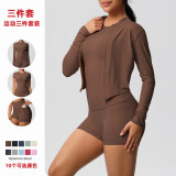 European and American cross-border cloud-feel brushed sports zip-up jacket, casual running butt-lifting pocket shorts, yoga outfit three-piece set