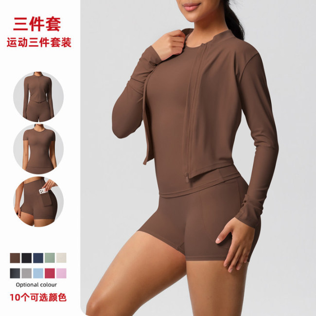 European and American cross-border cloud-feel brushed sports zip-up jacket, casual running butt-lifting pocket shorts, yoga outfit three-piece set