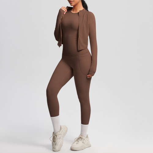 New cross-border cloud-feel brushed long-sleeve sports zip-up jacket, casual running, butt-lifting fitness yoga three-piece set