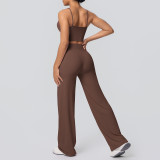 New cross-border brushed solid color backless tight-fitting breathable wide-leg yoga outfit set for sports, running, and fitness two-piece set