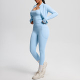New European and American cross-border cloud-feel brushed sports vest with pockets, long pants, casual butt-lifting fitness yoga outfit three-piece set