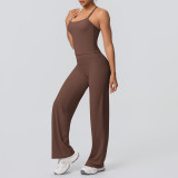 In-stock cross-border seamless double-sided nylon backless tight-fitting sports wide-leg yoga outfit set for running and fitness two-piece set