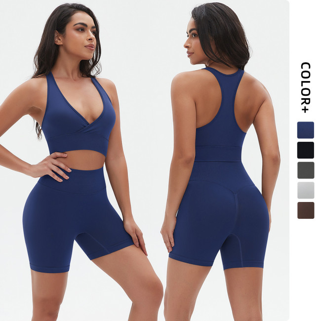 Cross-border seamless knitted high-elastic tight-fitting sexy yoga outfit set with cross-back design for running and fitness, two-piece set