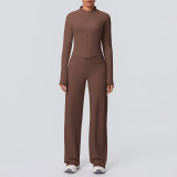 New cross-border solid color brushed breathable zip-up jacket and wide-leg yoga outfit set for sports, running, and fitness two-piece set