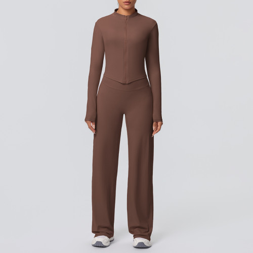 New cross-border solid color brushed breathable zip-up jacket and wide-leg yoga outfit set for sports, running, and fitness two-piece set