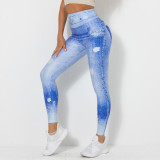 Clearance Sale: European and American Style Digital Print Denim Blue Tight High-Elastic Quick-Dry Yoga Pants for Women, Suitable for Sports, Running, and Fitness