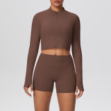 In-stock cross-border solid color brushed fabric nude-feel short jacket set with tight-fitting pocket shorts, two-piece fitness yoga outfit