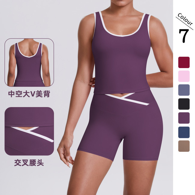 New cross-border double-sided brushed contrasting color tight-fitting breathable cross-over yoga outfit set for sports, running, and fitness two-piece set