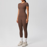 In-stock cross-border solid color double-sided brushed breathable high-elasticity tight-fitting yoga outfit set for sports, running, and fitness two-piece set