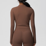 In-stock cross-border quick-dry naked-feel brushed gym zip-up jacket running sports tight-fitting long-sleeve yoga top for women