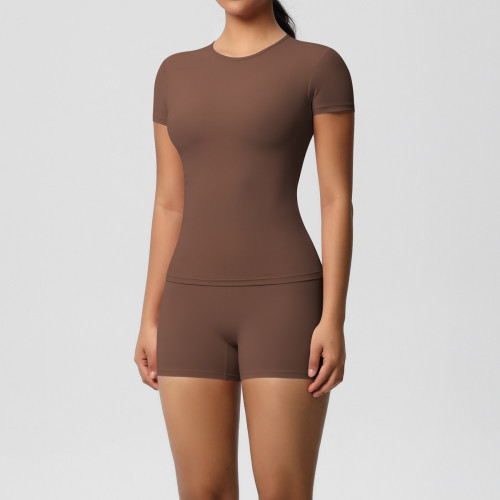 In-stock cross-border double-sided brushed solid color tight-fitting high-elastic shorts sports suit for running, fitness, and yoga for women
