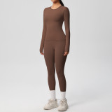 In-stock cross-border double-sided brushed solid color tight-fitting long-sleeve yoga outfit set for sports, running, and fitness two-piece set