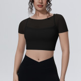 New cross-border solid color mesh double-layer breathable faux two-piece short-sleeve top for casual sports, running, fitness, and yoga