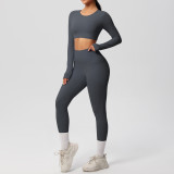 In-stock cross-border solid color double-sided brushed breathable high-elasticity tight-fitting yoga outfit set for sports, running, and fitness two-piece set