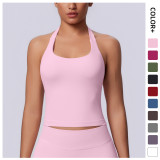 New seamless solid color halter neck sports tank top for women, suitable for running, fitness, and yoga