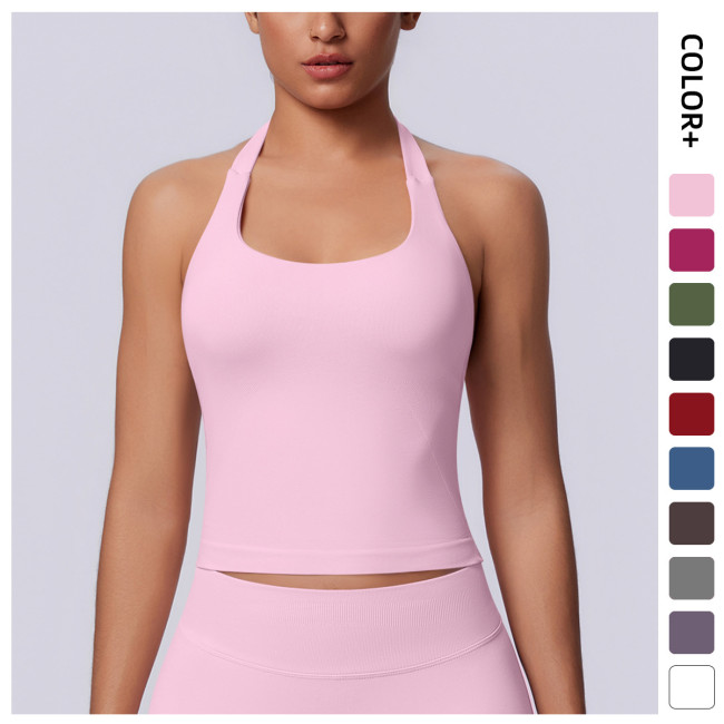 New seamless solid color halter neck sports tank top for women, suitable for running, fitness, and yoga