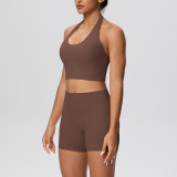 New cross-border solid color brushed fabric halter neck tank top and pocket pants yoga outfit set, sports fitness shorts two-piece set for women