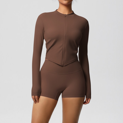 In-stock cross-border double-sided brushed solid color tight-fitting zip-up jacket yoga outfit sports running fitness set for women